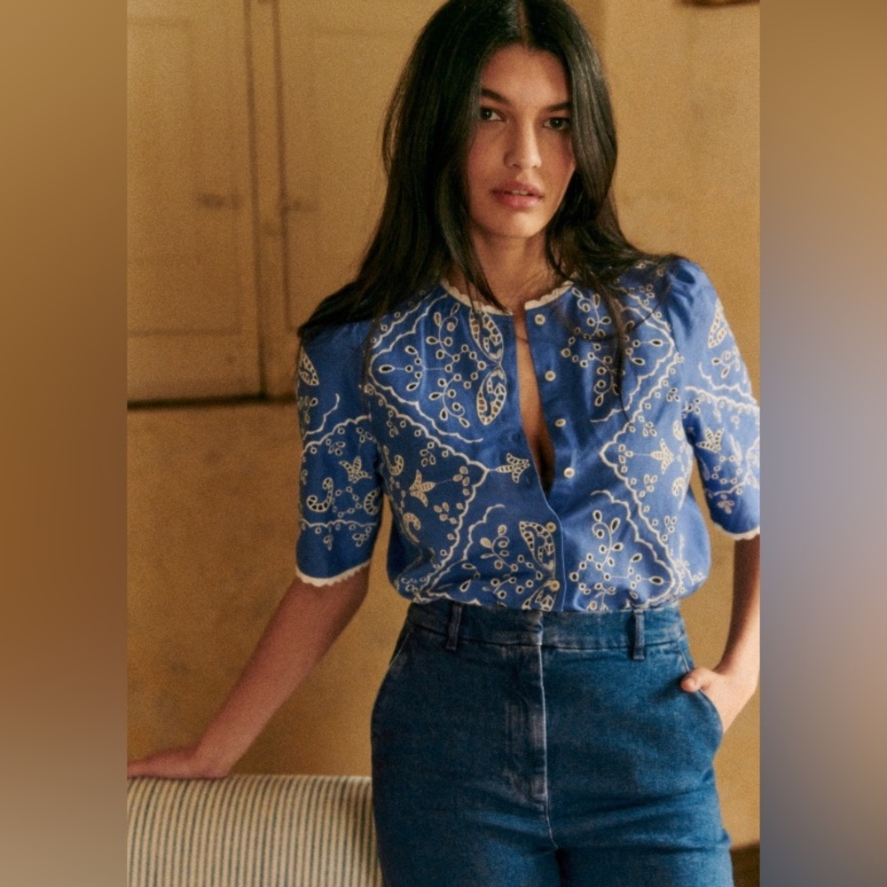 Sézane Waverly Blouse in Blue / Ecru FR 34 / US 2